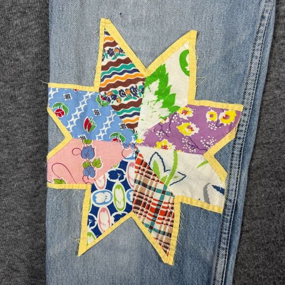 Upcycled OOAK Patchwork Jeans Fits 30X33 Quilt Feedstack Tattered Worn Farmhouse - Picture 7 of 15